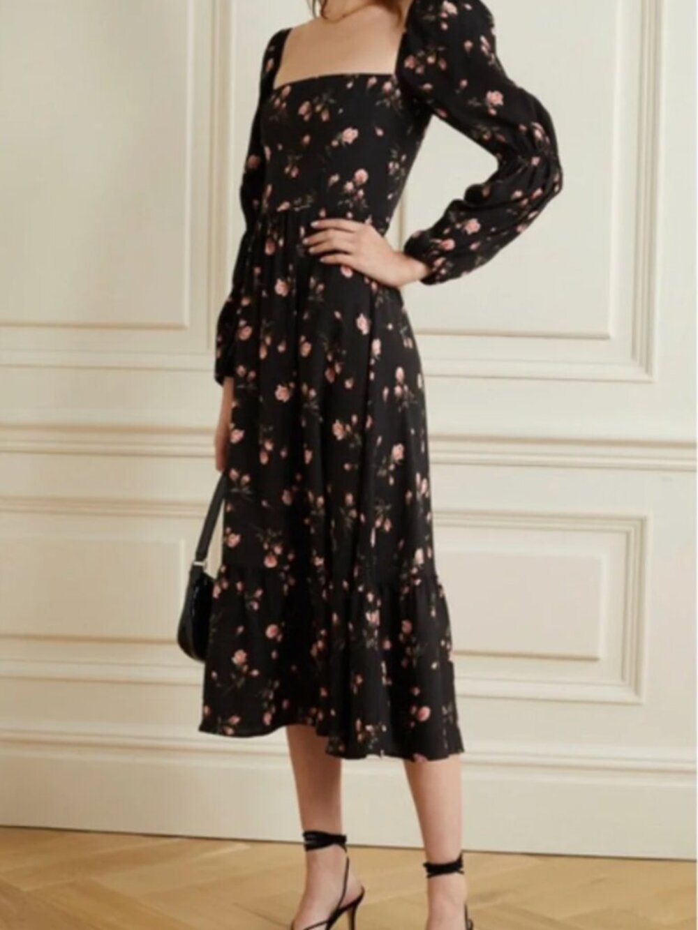 Reformation Black Mica Dress in Rare Rose Print Size 8 EUC